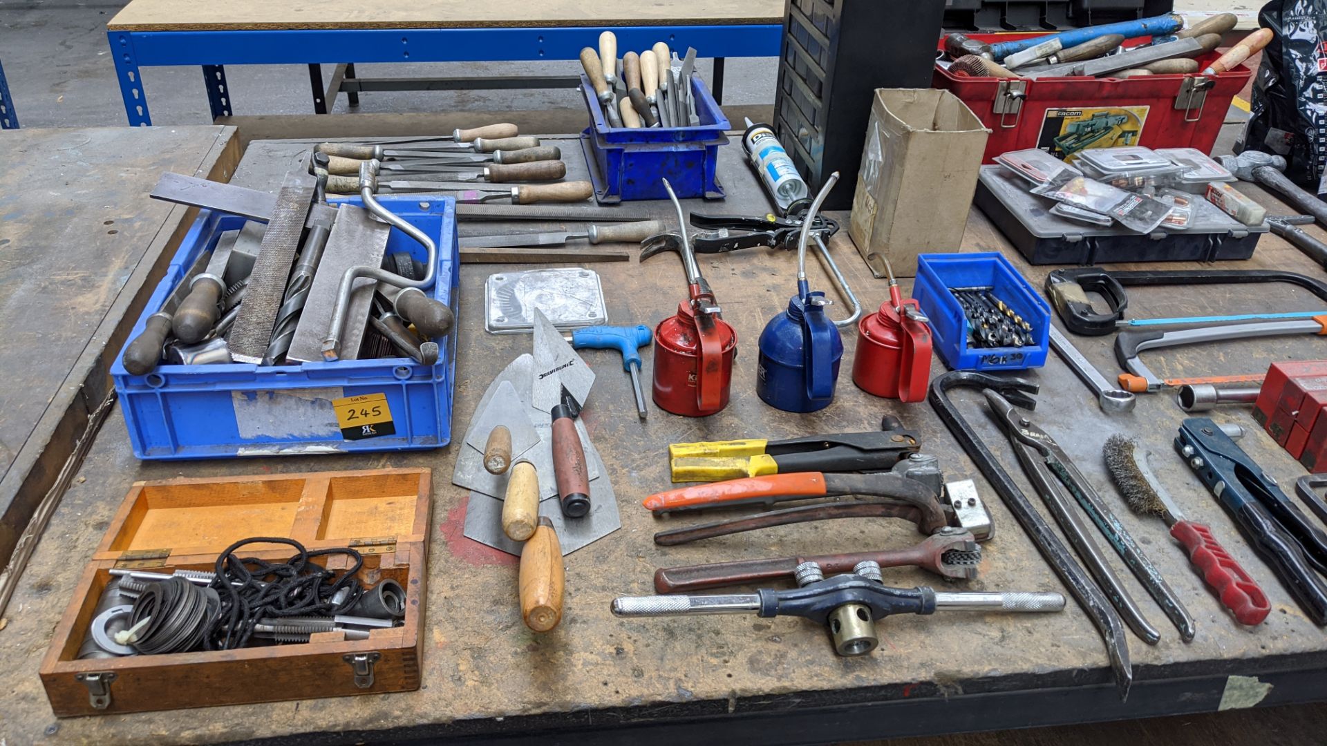 Bench & contents including vice, hand tools, riveting equipment, face masks & other PPE, chisels & - Image 6 of 12
