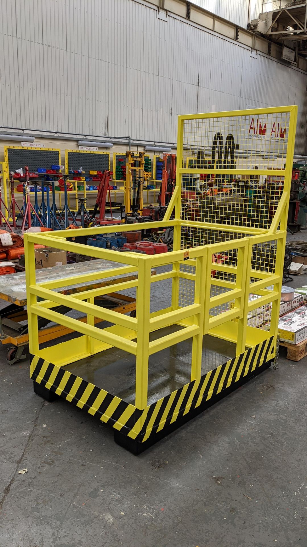 Large forklift truck inspection cage, incorporating lockable door