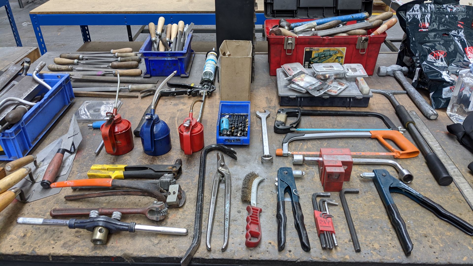Bench & contents including vice, hand tools, riveting equipment, face masks & other PPE, chisels & - Image 5 of 12