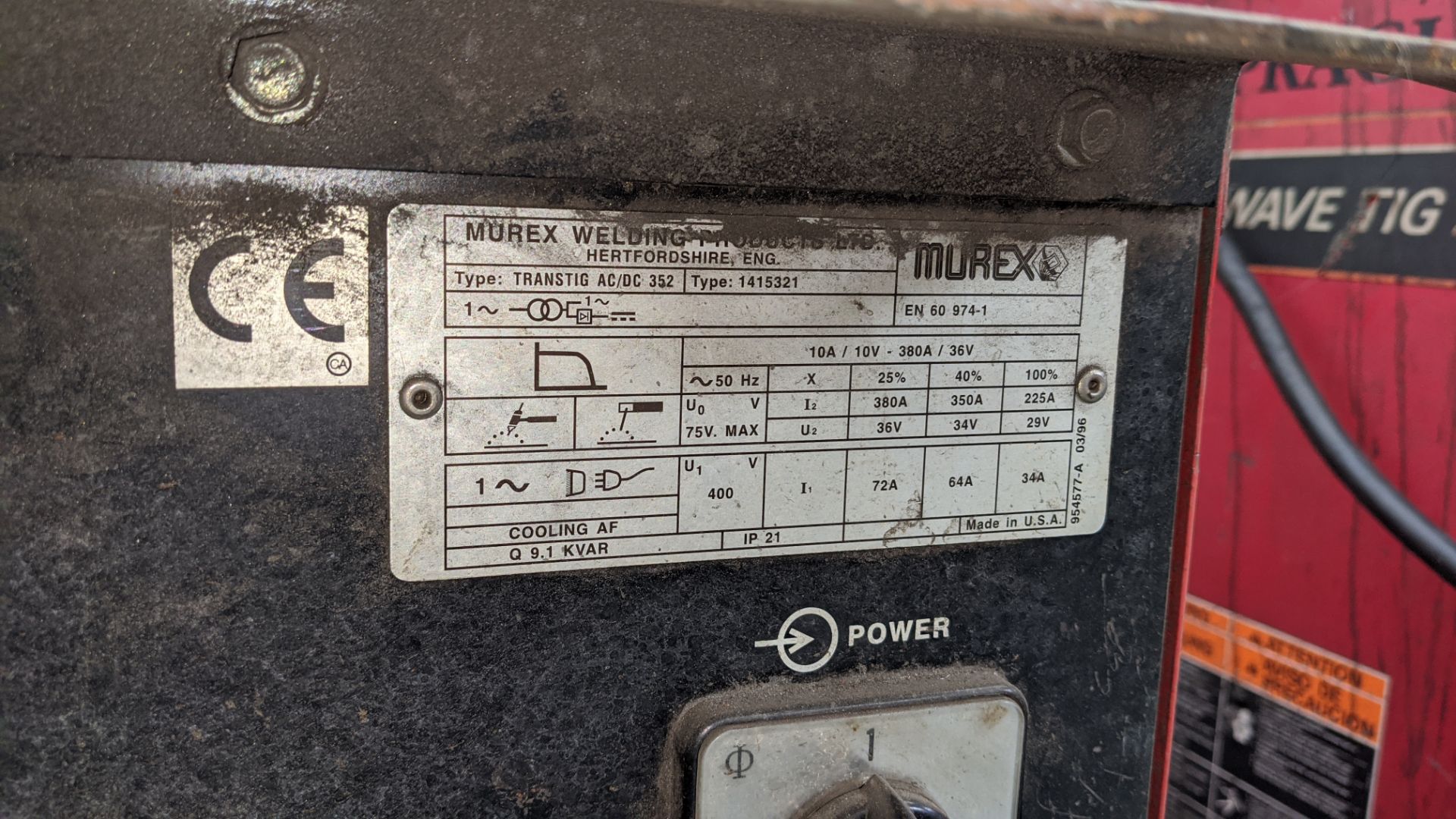 Murex Transtig AC/DC 352 welder includes power feed located at the back - Image 6 of 6