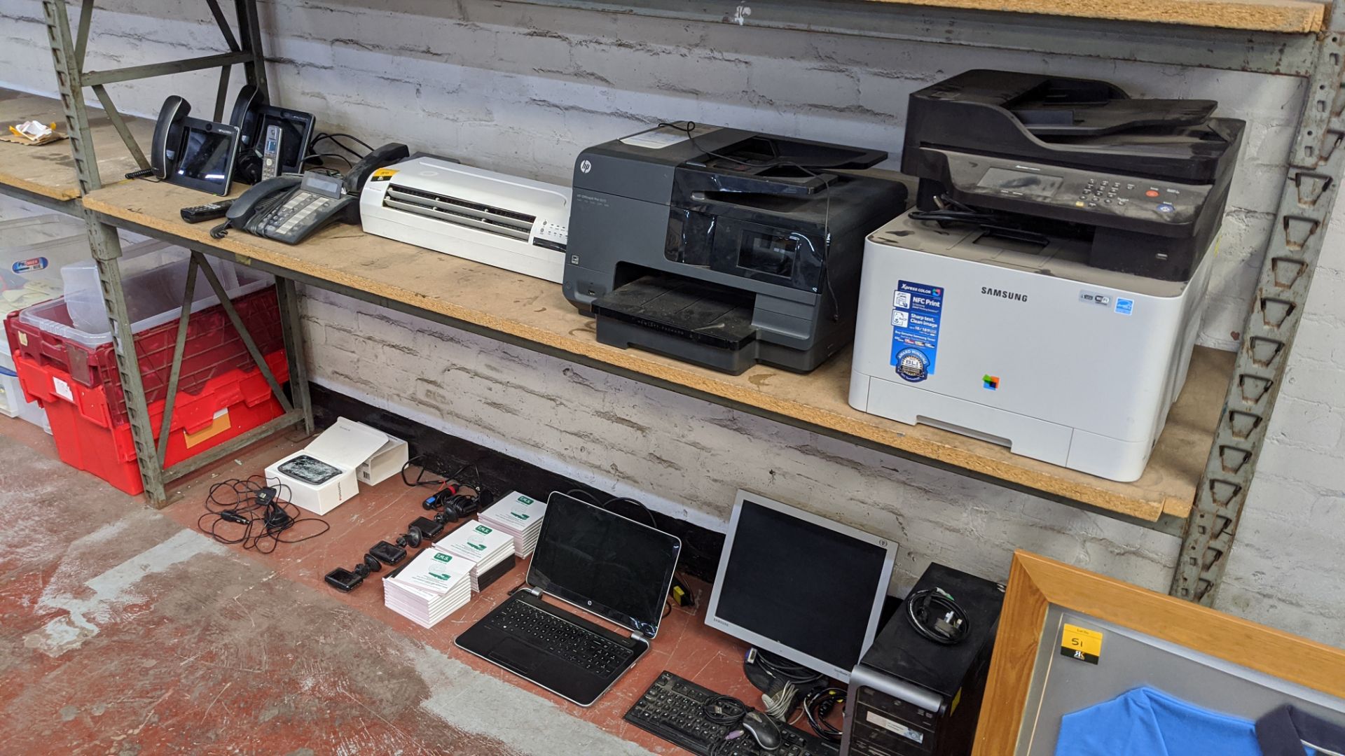 Contents of 2 shelves of assorted IT equipment including telephones, printers, computers, dash cams, - Image 13 of 13