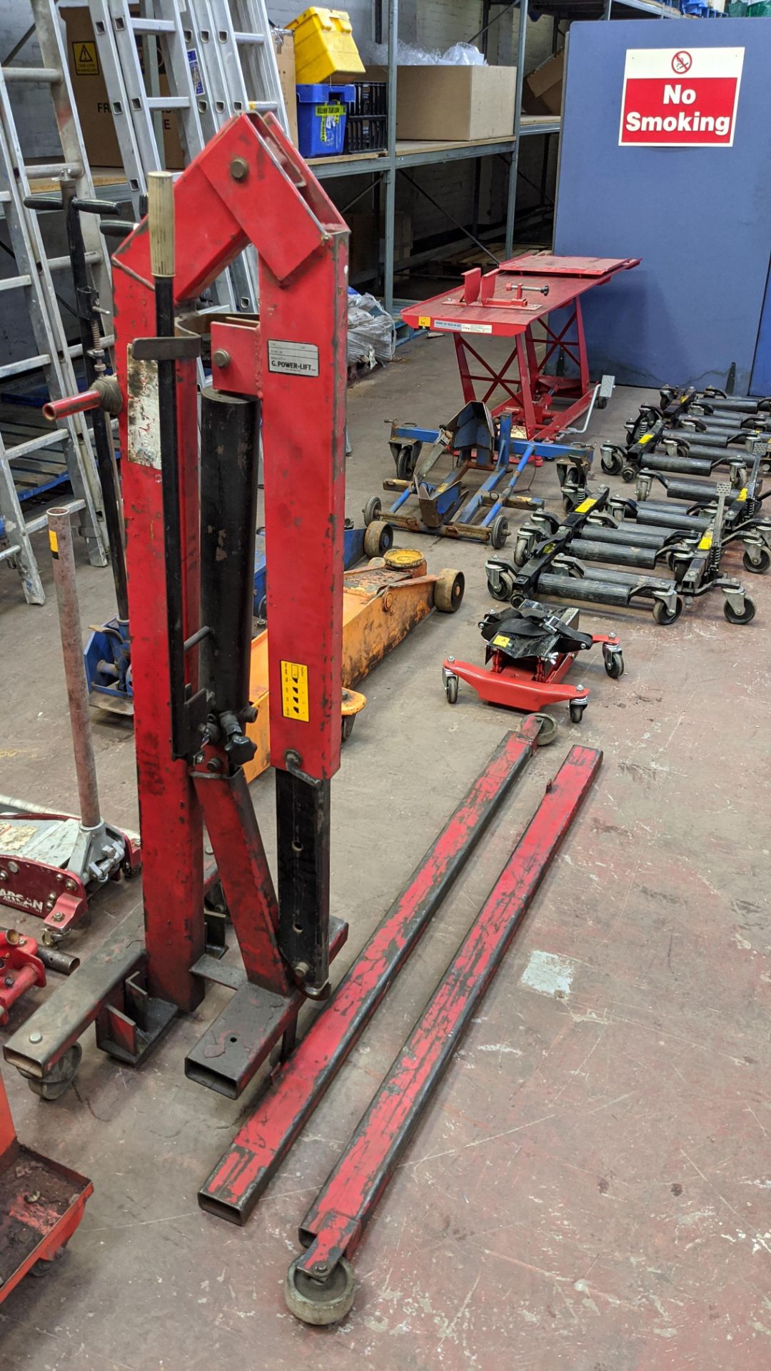 Assorted lifting equipment comprising transmission jack, mobile hoist & trolley with contents. - Image 8 of 12