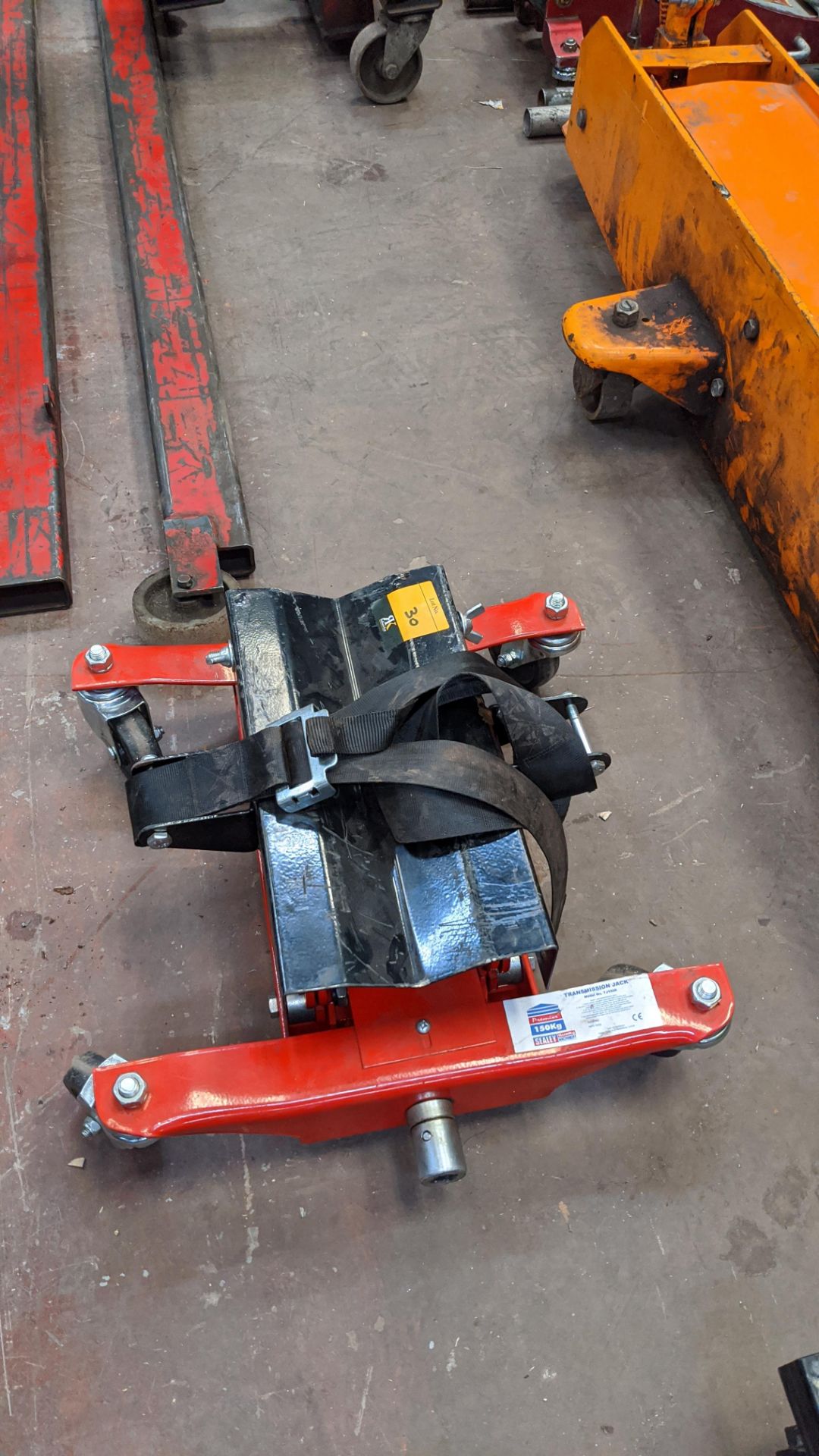 Assorted lifting equipment comprising transmission jack, mobile hoist & trolley with contents. - Image 6 of 12