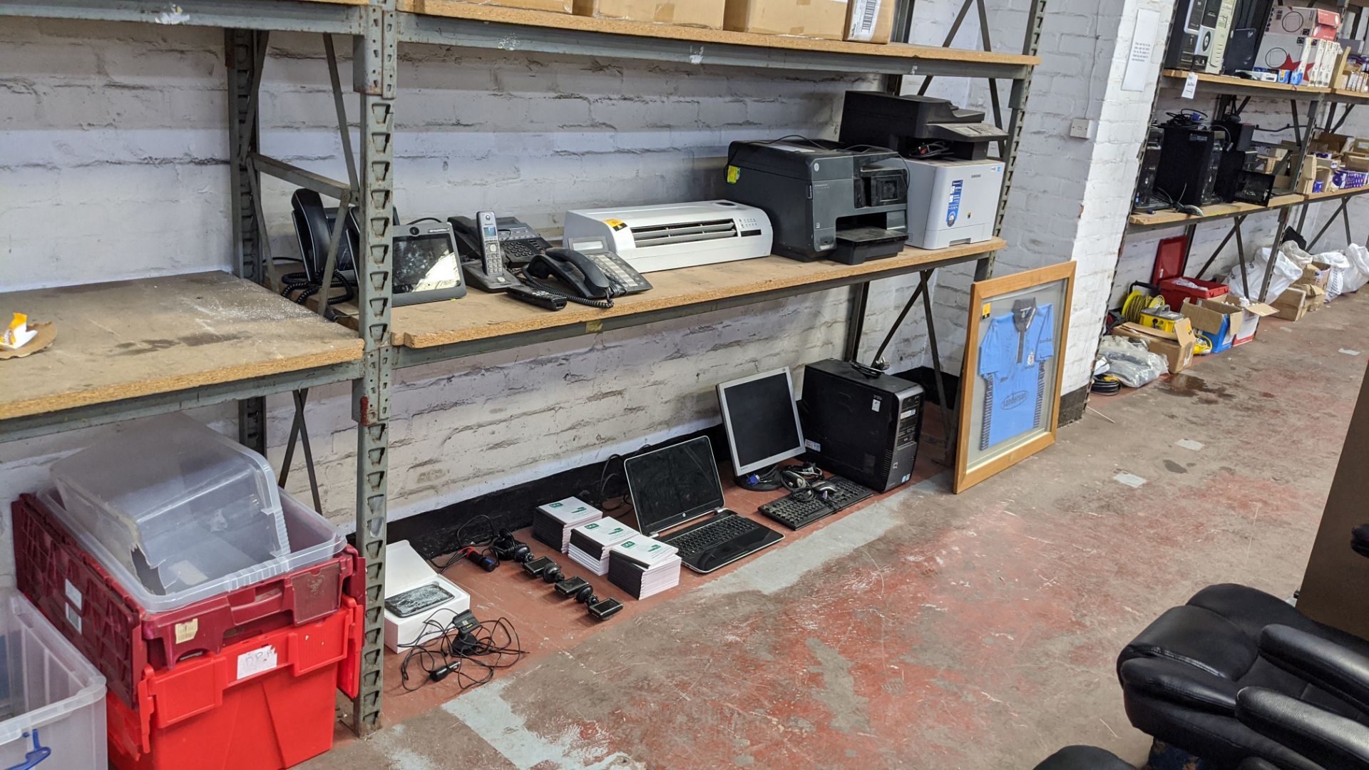 Contents of 2 shelves of assorted IT equipment including telephones, printers, computers, dash cams, - Image 2 of 13