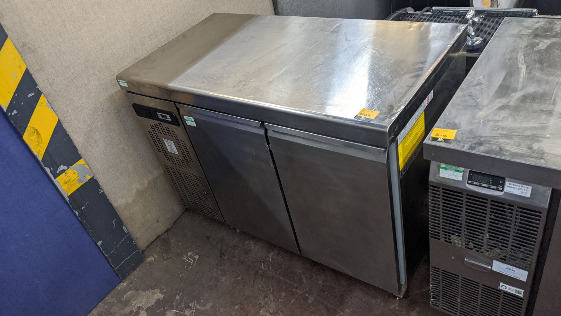 Stainless steel refrigerated twin door mobile prep cabinet. IMPORTANT: This auction is strictly