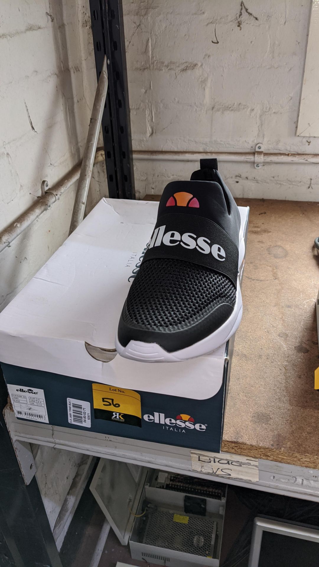 Pair of Ellesse trainers, in black with white detailing, size UK 7.5 (men's). IMPORTANT: This