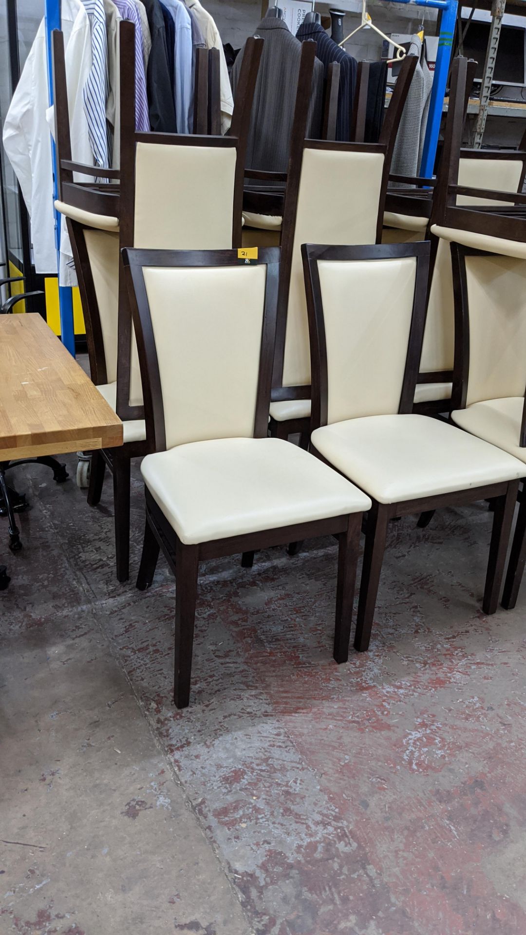 56 off matching chairs, in dark brown wood with off-white leather/leather look upholstery Lots - Image 3 of 7