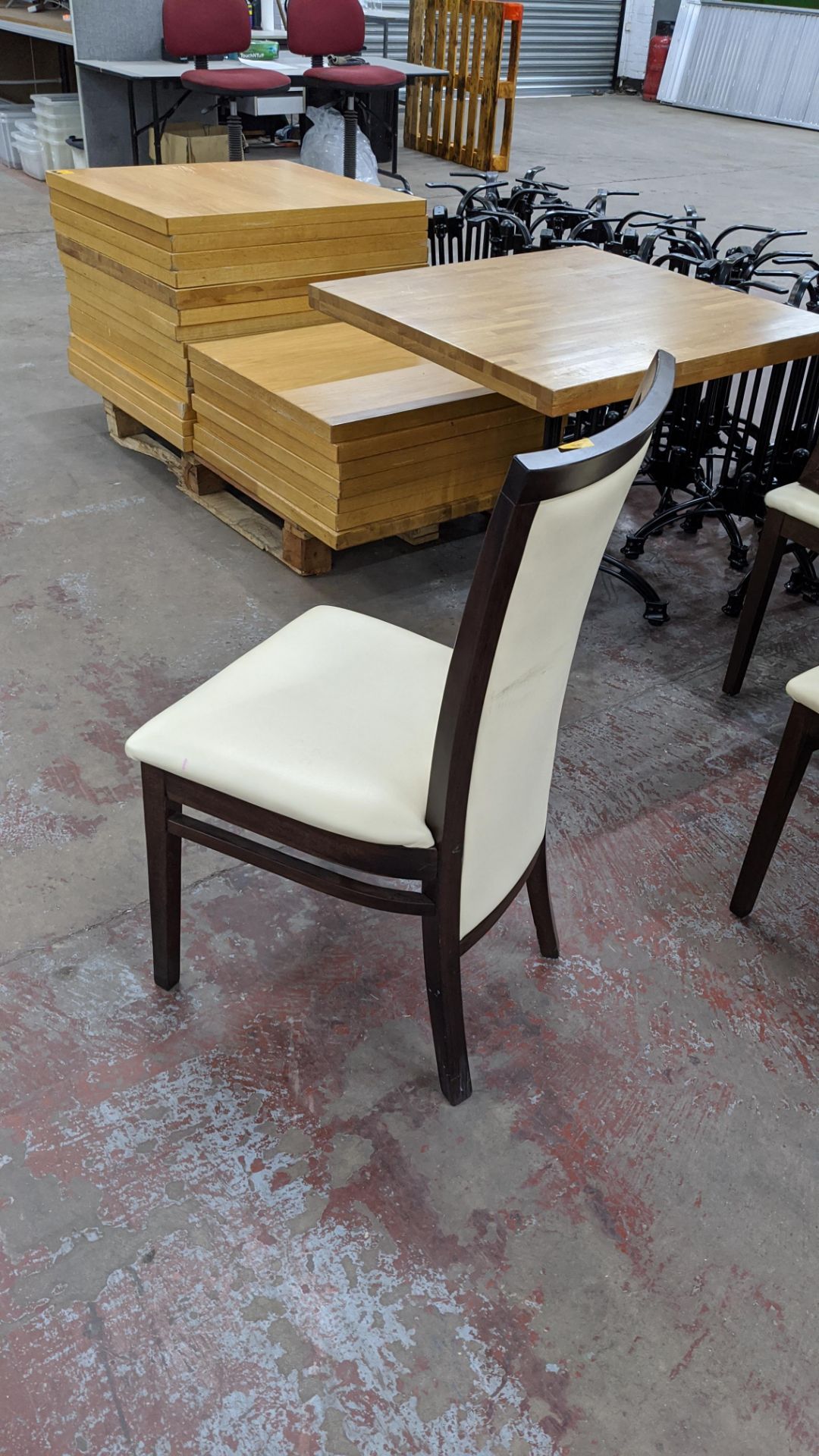 56 off matching chairs, in dark brown wood with off-white leather/leather look upholstery Lots - Image 5 of 7