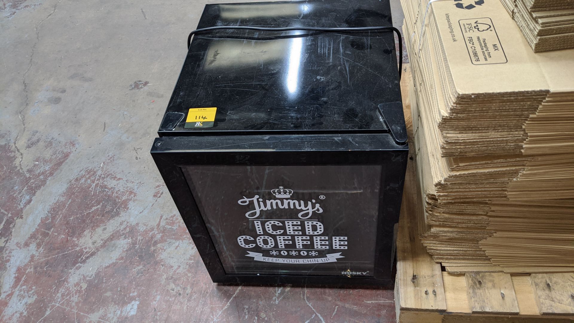 Black desktop drinks fridge branded "Jimmy's Iced Coffee"Lots 101 - 285 Are being sold on behalf