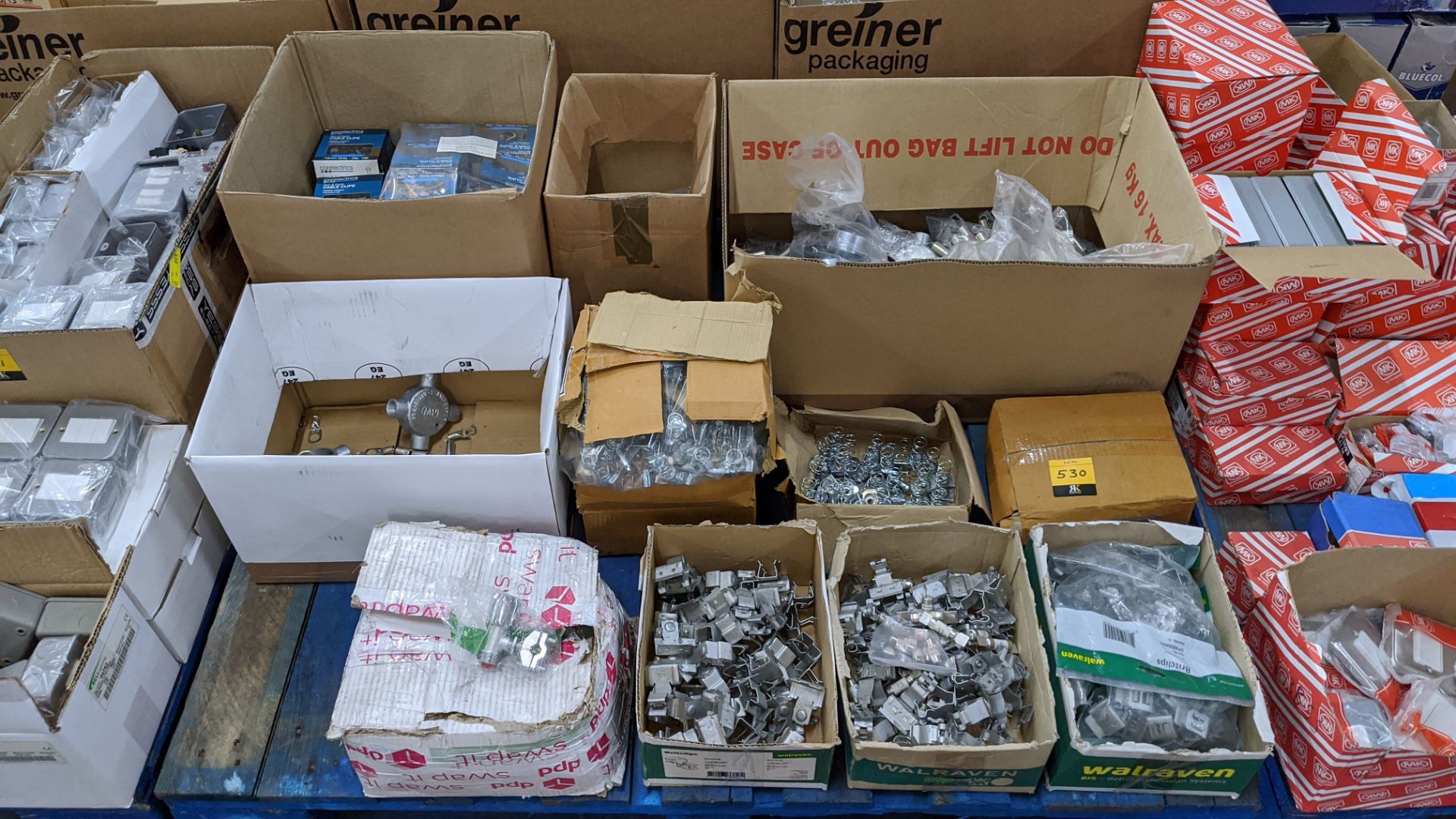Contents of a pallet of brackets, clips, cable clips and more - pallet excluded IMPORTANT: You