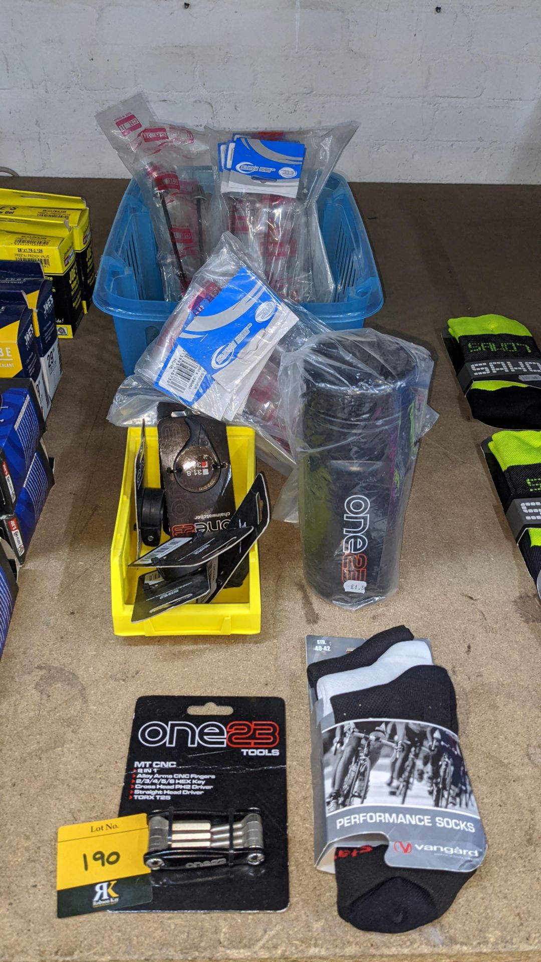 Mixed lot of One 23 small parts and spares plus quantity of QR skewers, water bottle, socks and