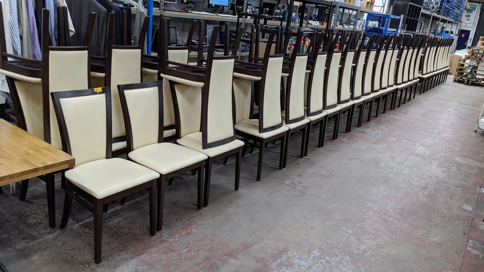 56 off matching chairs, in dark brown wood with off-white leather/leather look upholstery Lots - Image 2 of 7