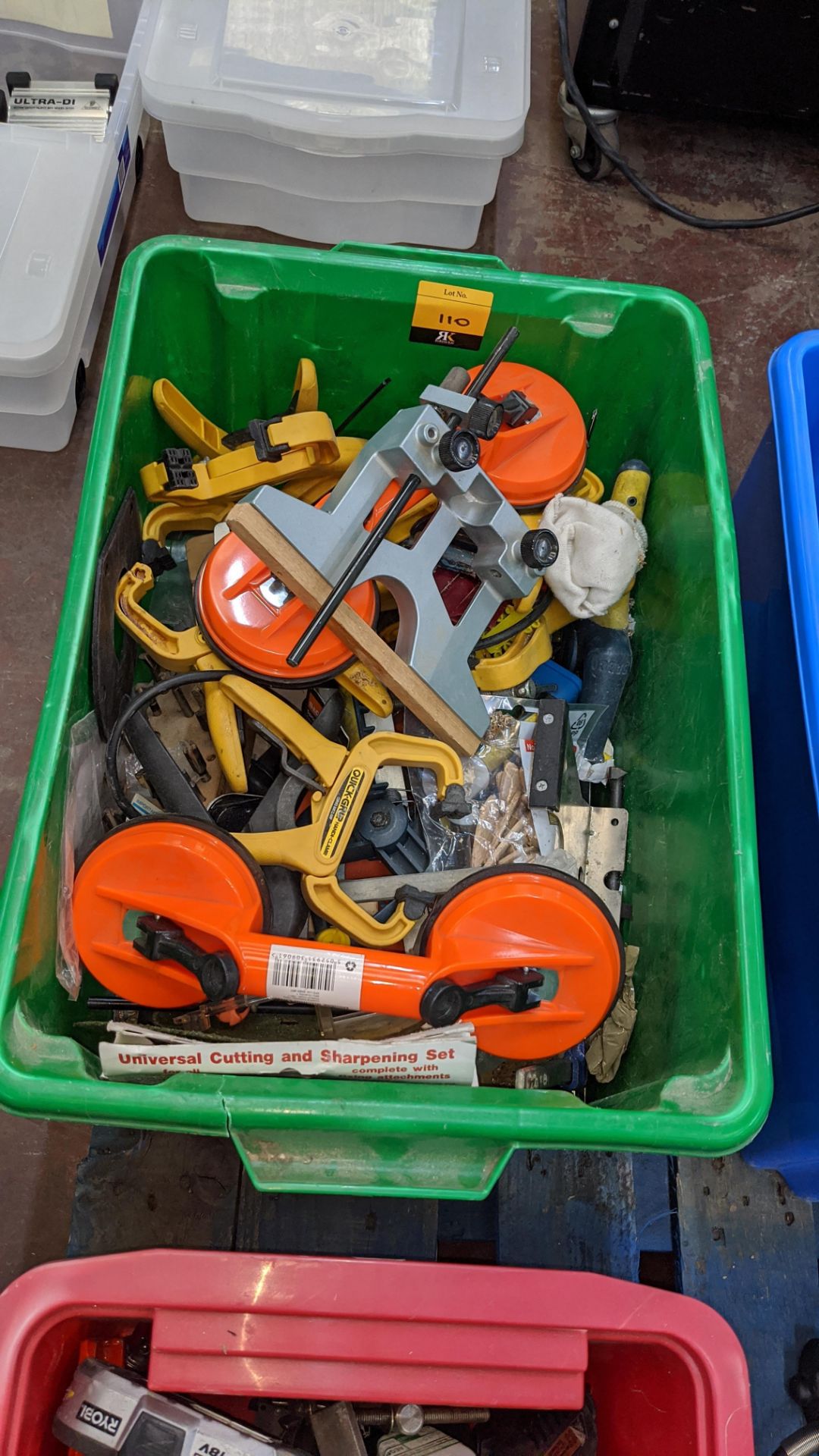 The contents of a crate of clamps, cramps, hand tools & other items Lots 51 - 480 comprise the total