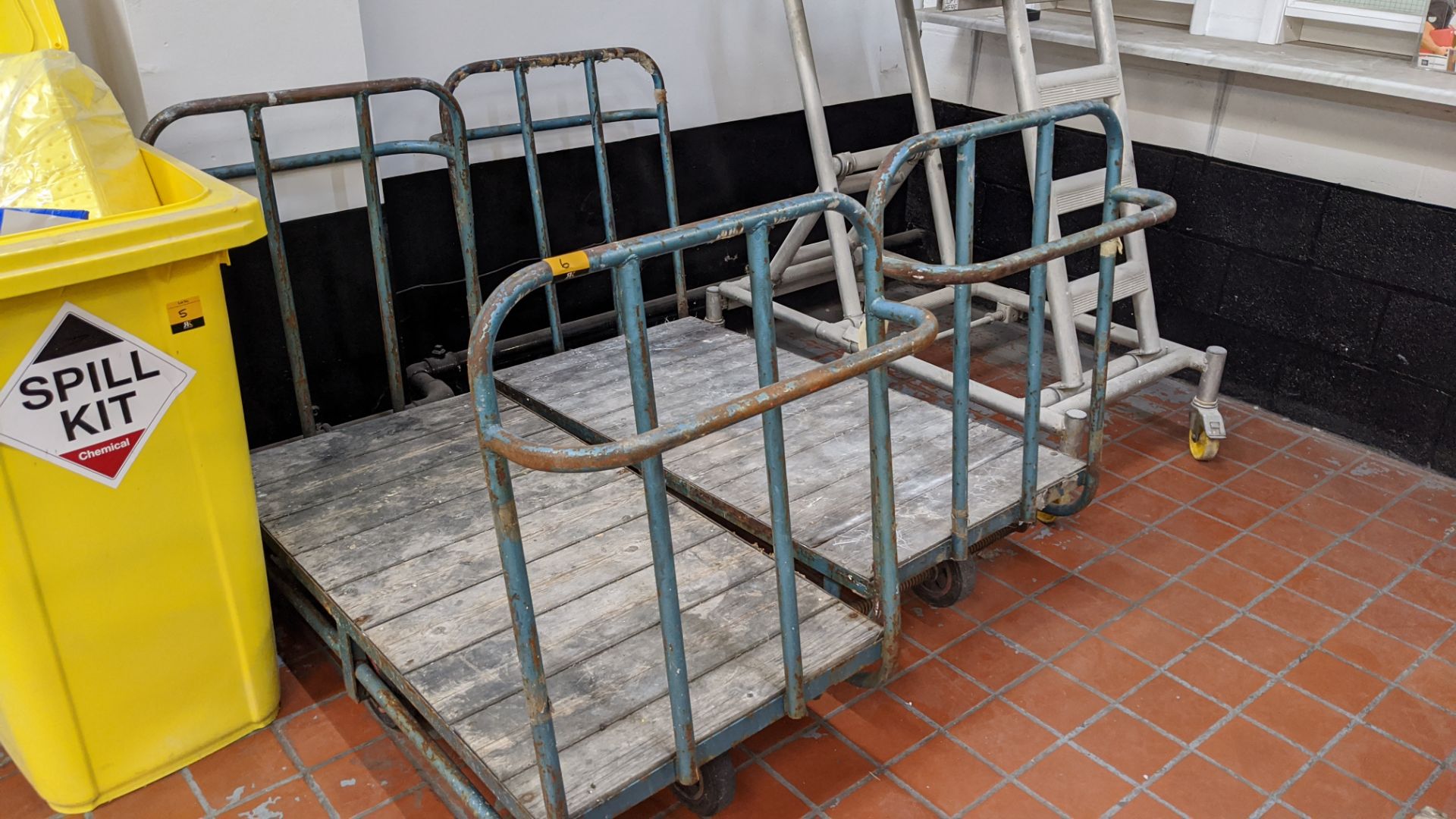 2 off large porters trolleys each measuring very approximately 1.4 x 0.7 x 1.1m max external