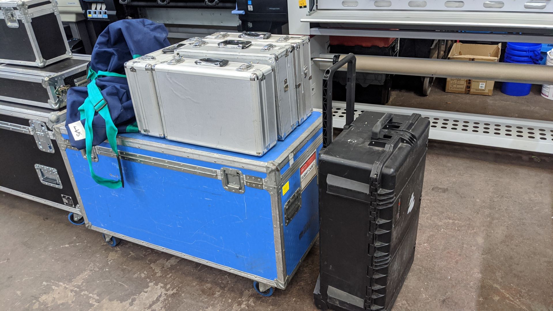 Quantity of flight cases comprising 1 very large case, 4 off briefcase size cases, 1 off large