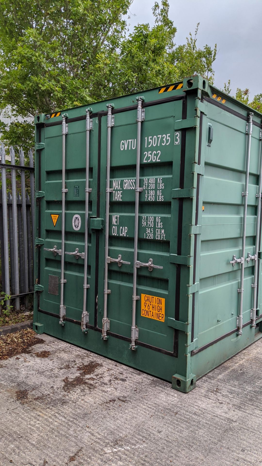 Metal shipping container, extra high (9'6 high), approx. 20' long x 8' wide. Set of regular doors at - Image 8 of 12