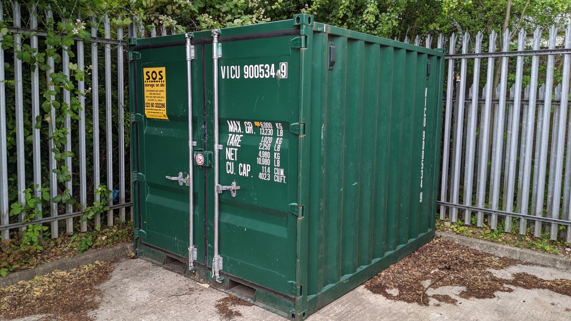 Shipping container, approximately 7'2" wide & 9' deep, 11.4 cubic metres (402.3 cubic feet), max