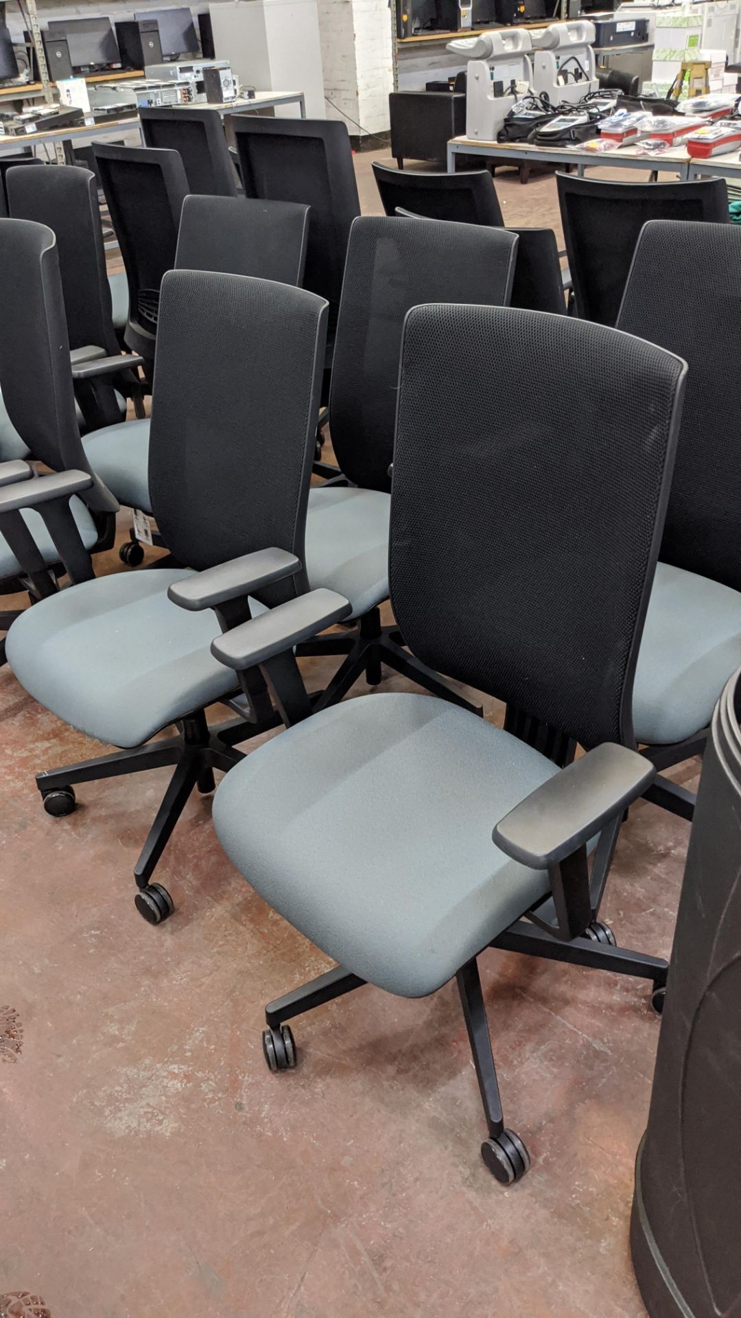 6 off Edge Design modern office chairs with arms, incorporating green/grey fabric seat bases & black - Image 7 of 10