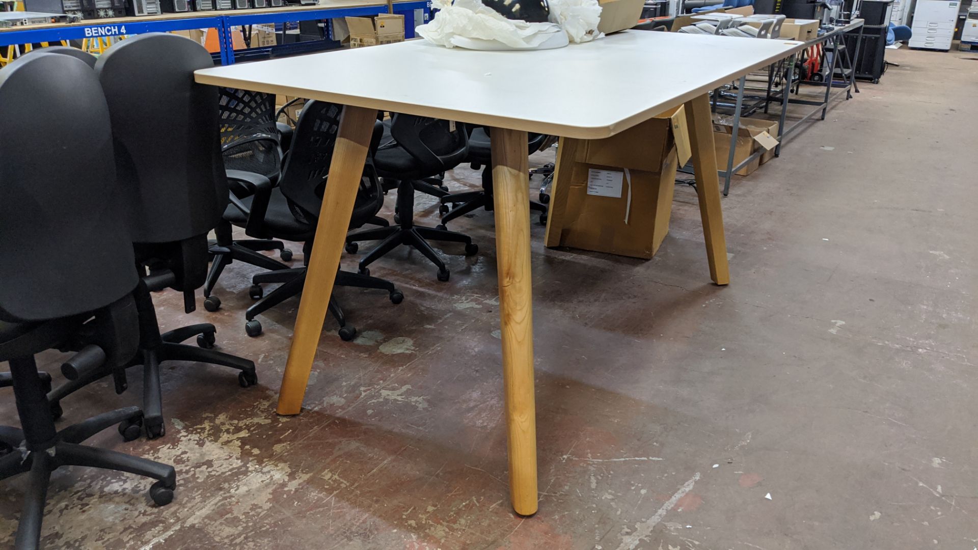 Large tall table comprising laminated top on beech wooden legs. Tabletop measures 2m x 1.2m underst - Image 3 of 6