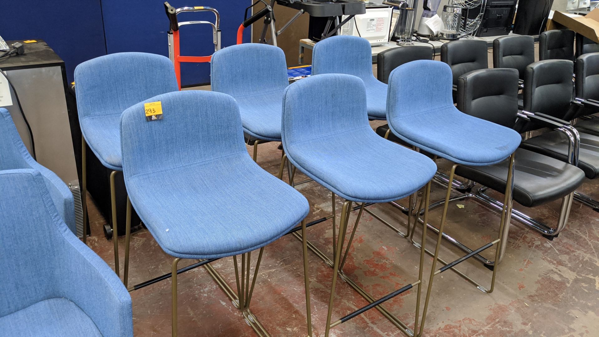 6 off blue upholstered tall barstools/chairs. NB1. The fabric appears to match that used for lots 2