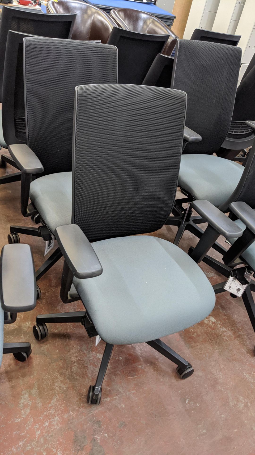 6 off Edge Design modern office chairs with arms, incorporating green/grey fabric seat bases & black - Image 5 of 10