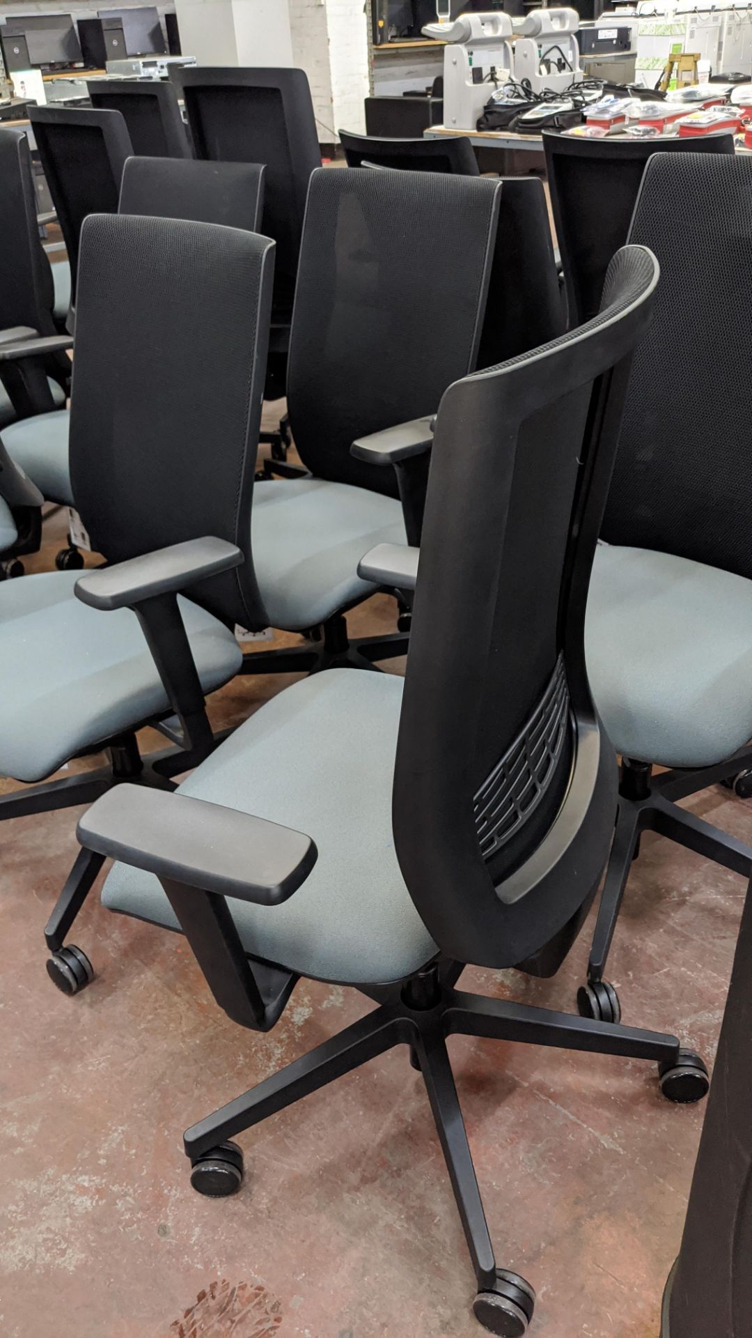 6 off Edge Design modern office chairs with arms, incorporating green/grey fabric seat bases & black - Image 8 of 10