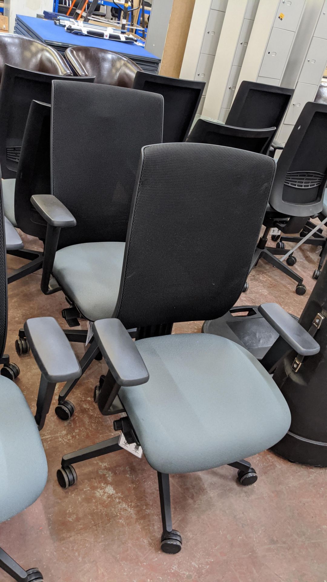 6 off Edge Design modern office chairs with arms, incorporating green/grey fabric seat bases & black - Image 6 of 10