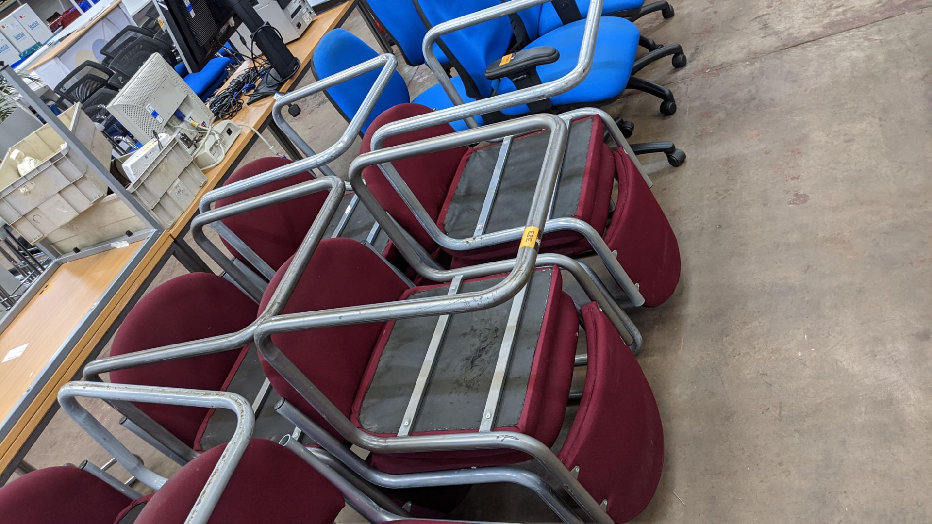 8 off matching burgundy upholstered chairs on grey/silver painted cantilever frame bases NB. The cha