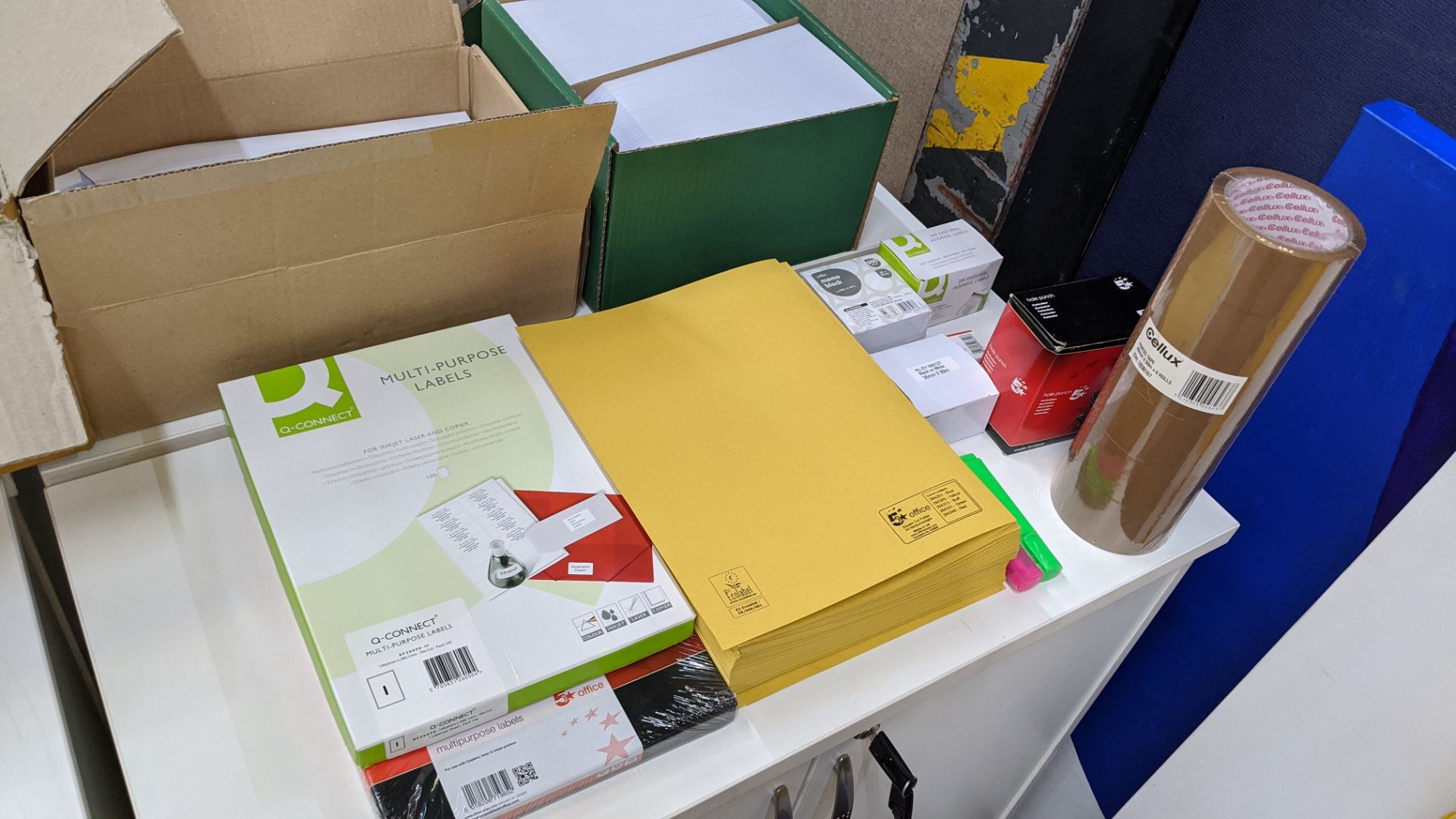 Office sundries comprising box of branded mugs plus quantity of envelopes, paper, labels, tape, etc. - Image 6 of 6