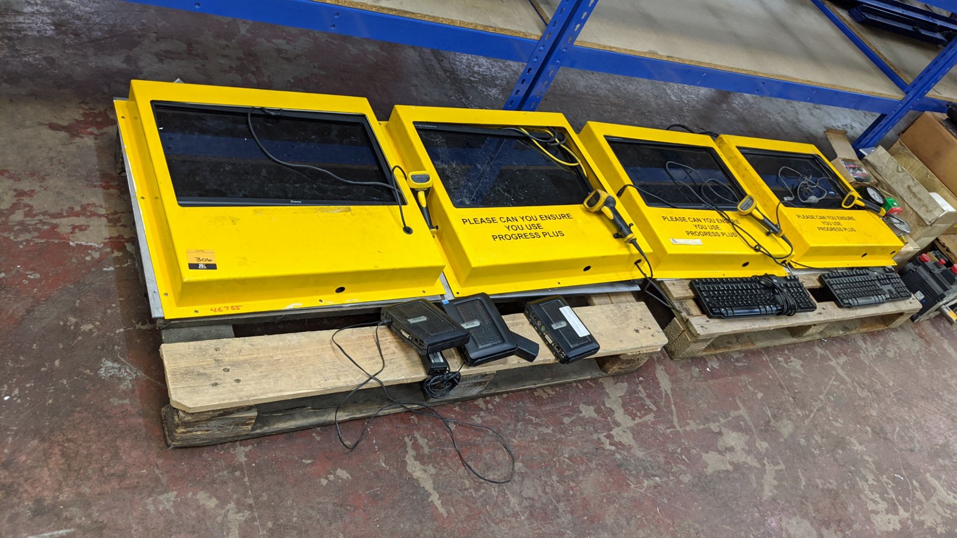 4 off Wyse wall-mountable factory terminal systems, each comprising large yellow casing, hand-held b