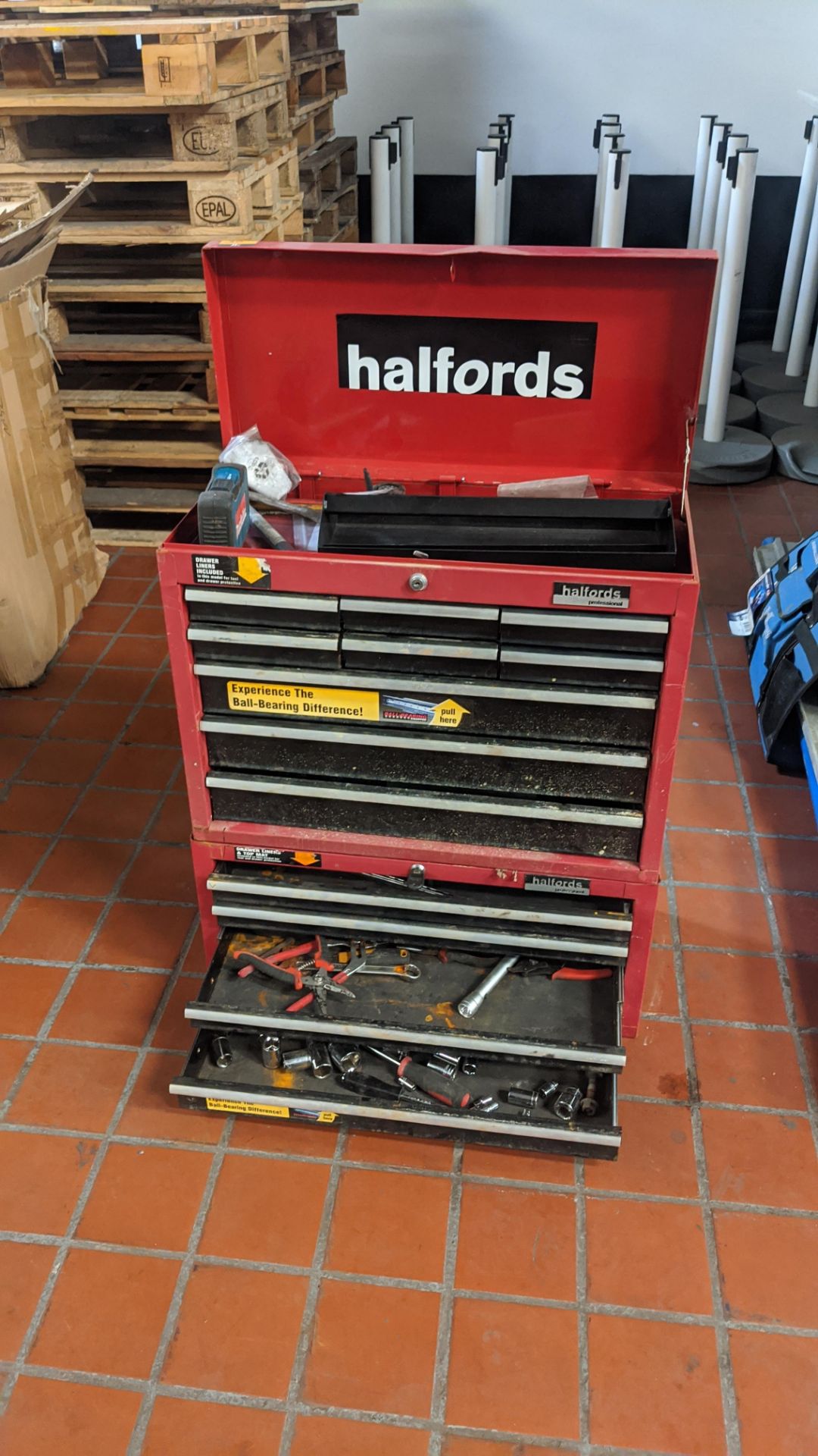 Pair of matching red Halfords Professional stackable tool chests including contents. NB this lot in