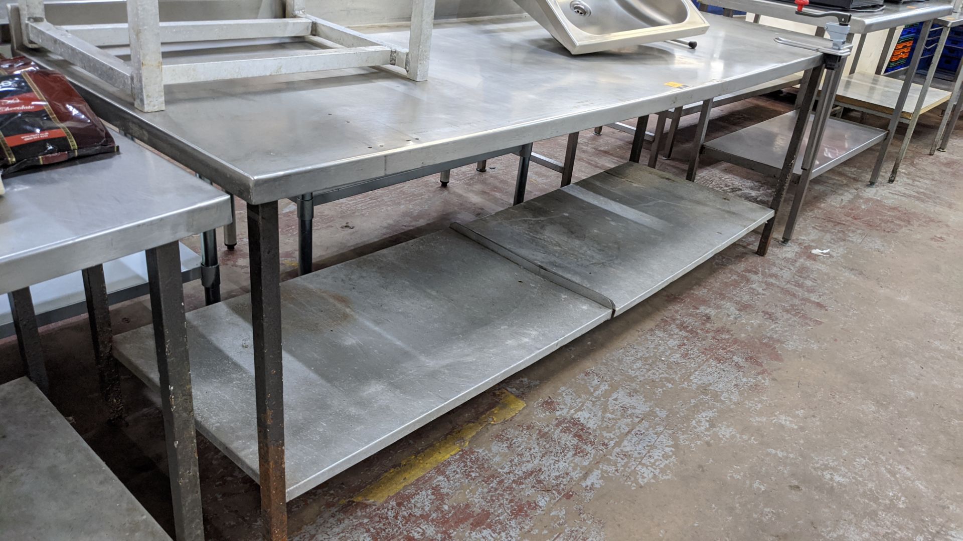 Large stainless steel twin tier table with Bonzer commercial can opener attached to same - table top - Image 2 of 5