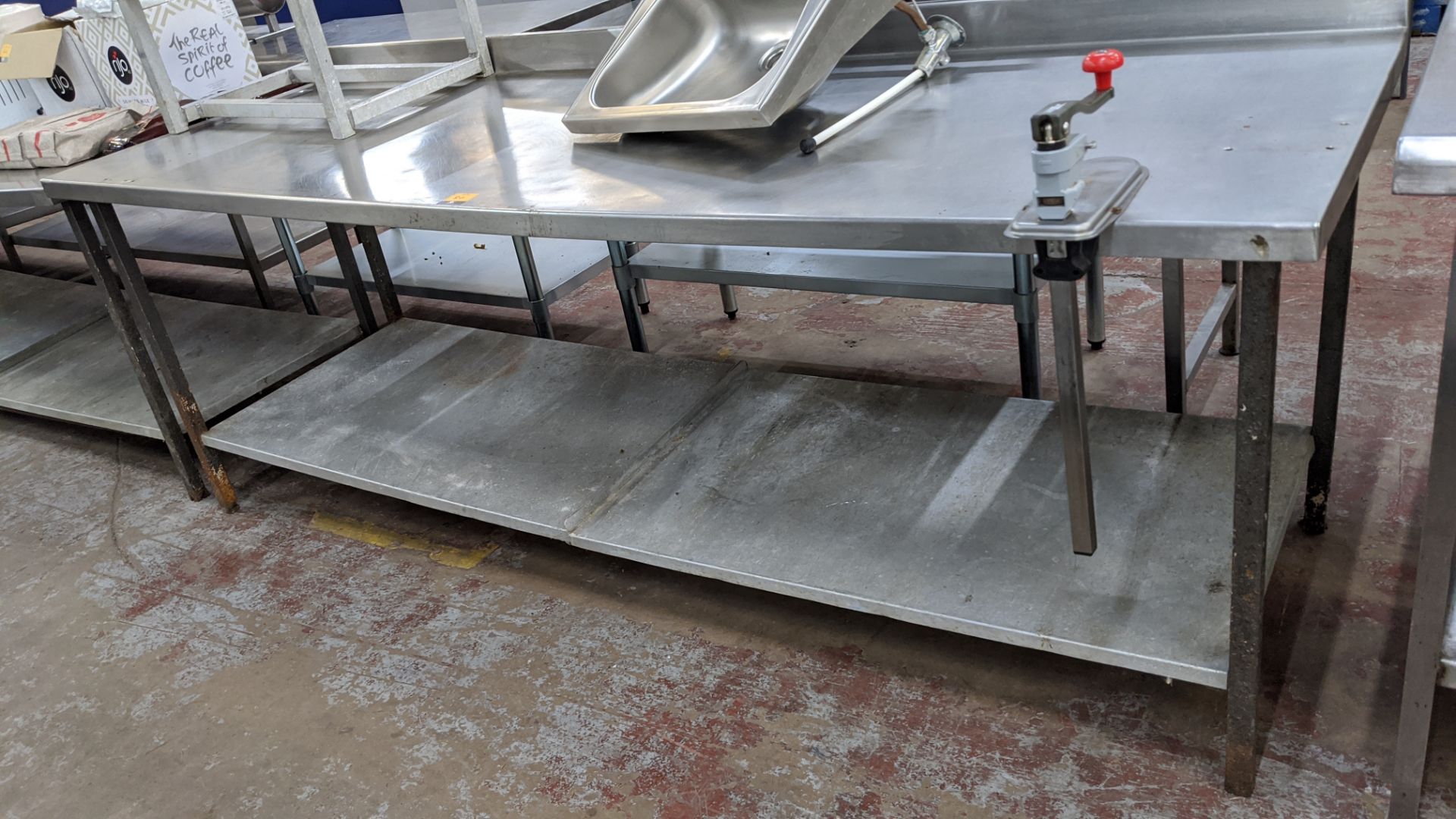 Large stainless steel twin tier table with Bonzer commercial can opener attached to same - table top - Image 3 of 5