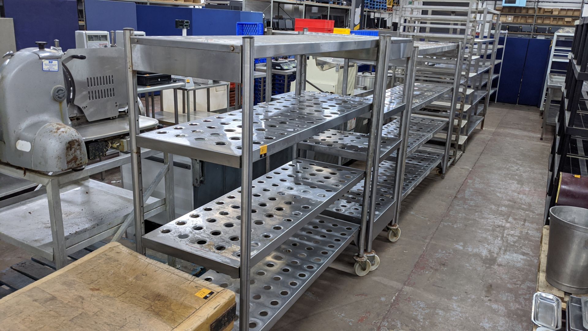 3 heavy-duty racks, used in the cold store, 2 being wide 4-tier racks (1 being 1500mm x 600mm & 1 be