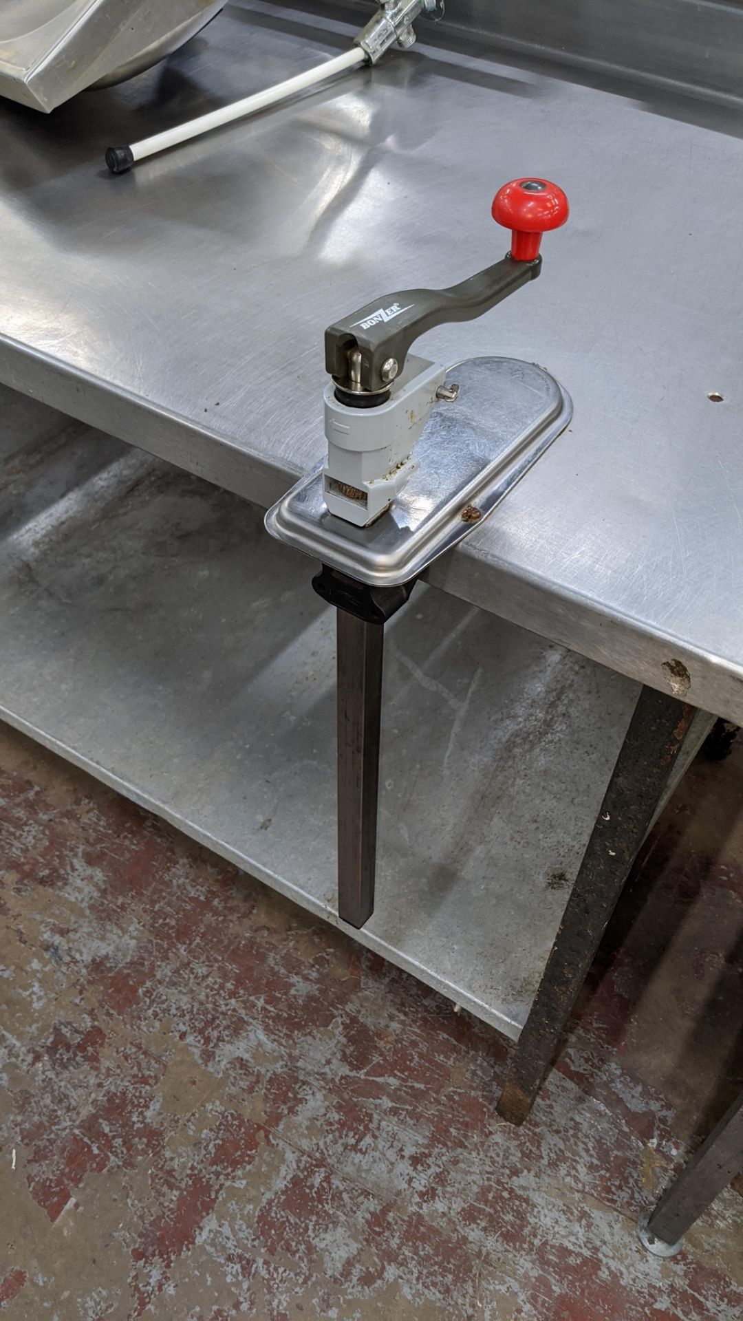 Large stainless steel twin tier table with Bonzer commercial can opener attached to same - table top - Image 4 of 5