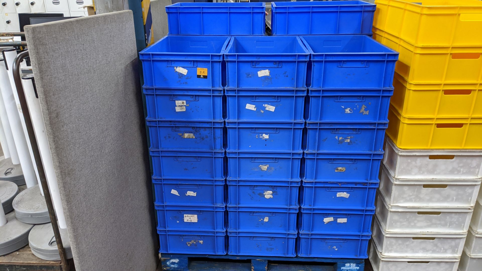37 off blue plastic stacking crates each measuring circa 390mm x 595mm x 160mm