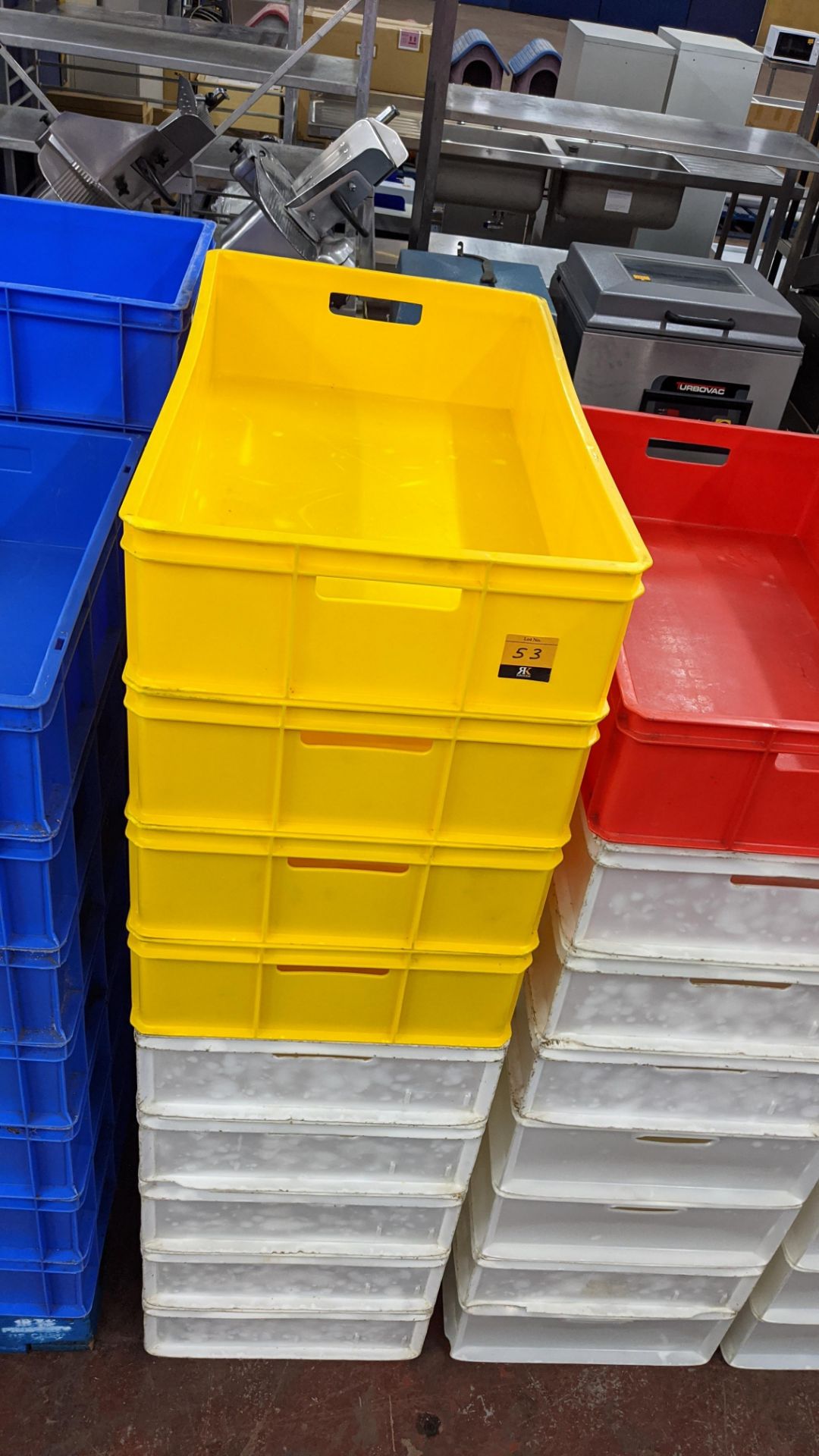 27 off large plastic stacking crates in a variety of colours, each crate measuring 450mm x 760mm x 1 - Image 3 of 5