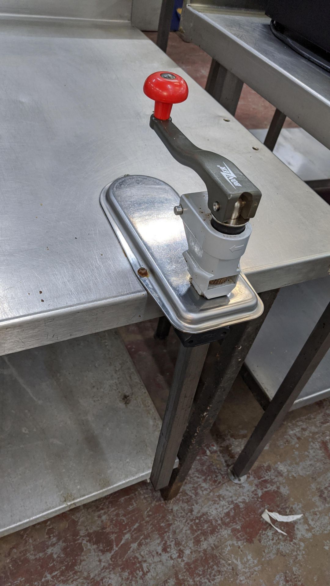 Large stainless steel twin tier table with Bonzer commercial can opener attached to same - table top - Image 5 of 5