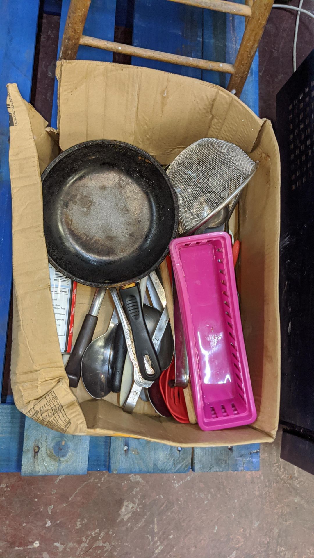 Box of assorted utensils plus wooden stool behind same - Image 3 of 4