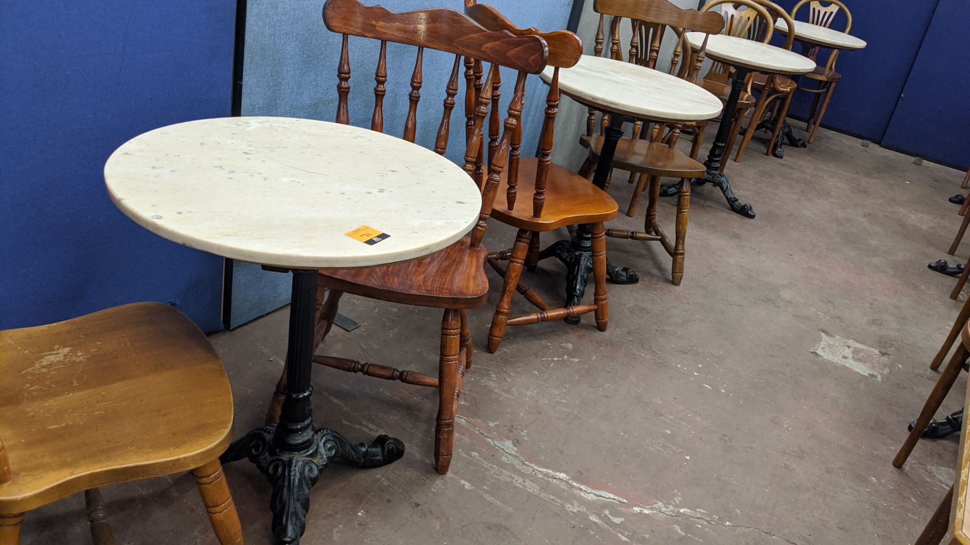 4 off small round café/dining tables, each comprising a marble/marble type top on a single pedestal