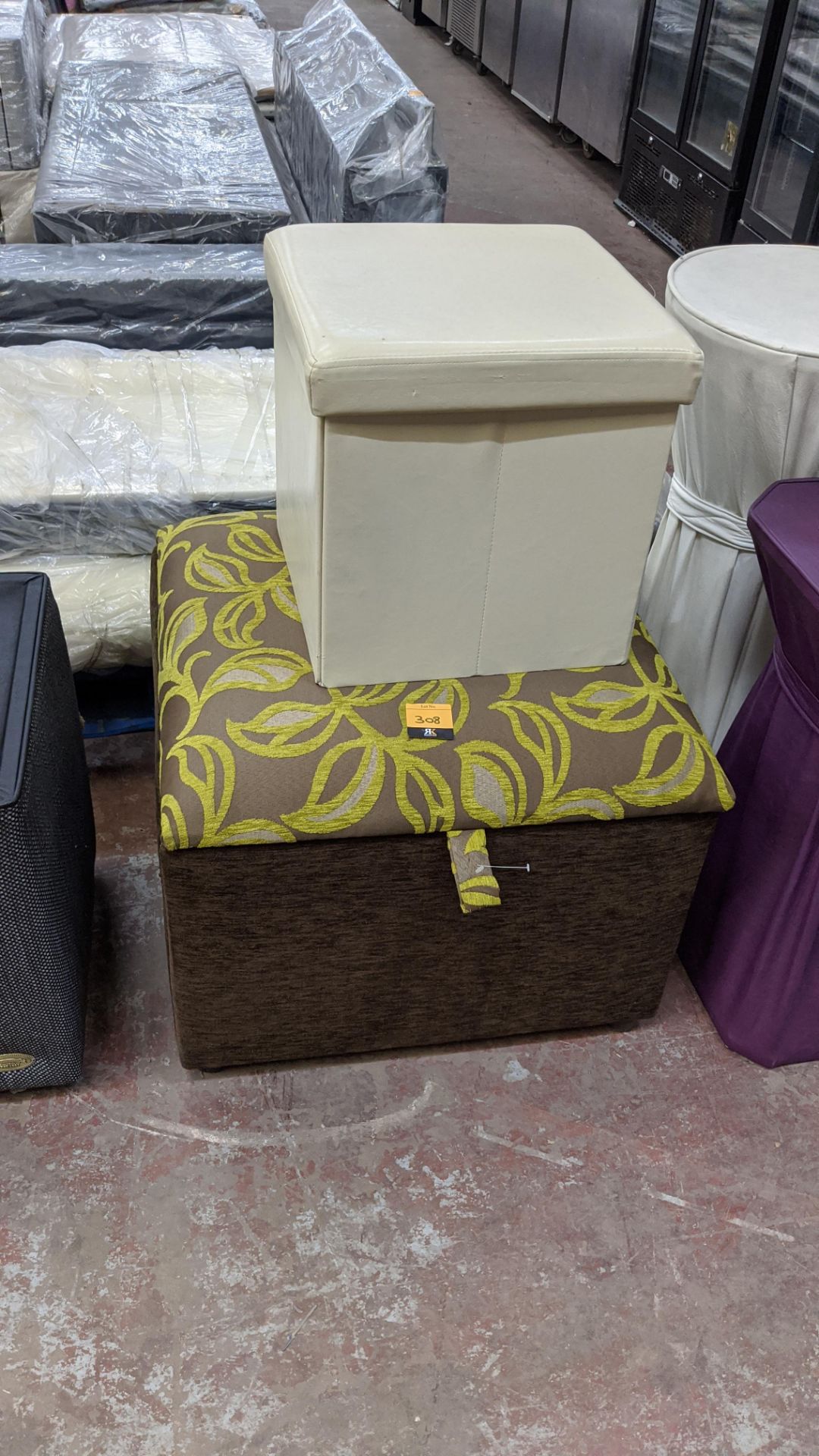 2 off assorted patterned stools, one in flower fabric & one in plain leather/leather-look fabric. T - Image 2 of 6