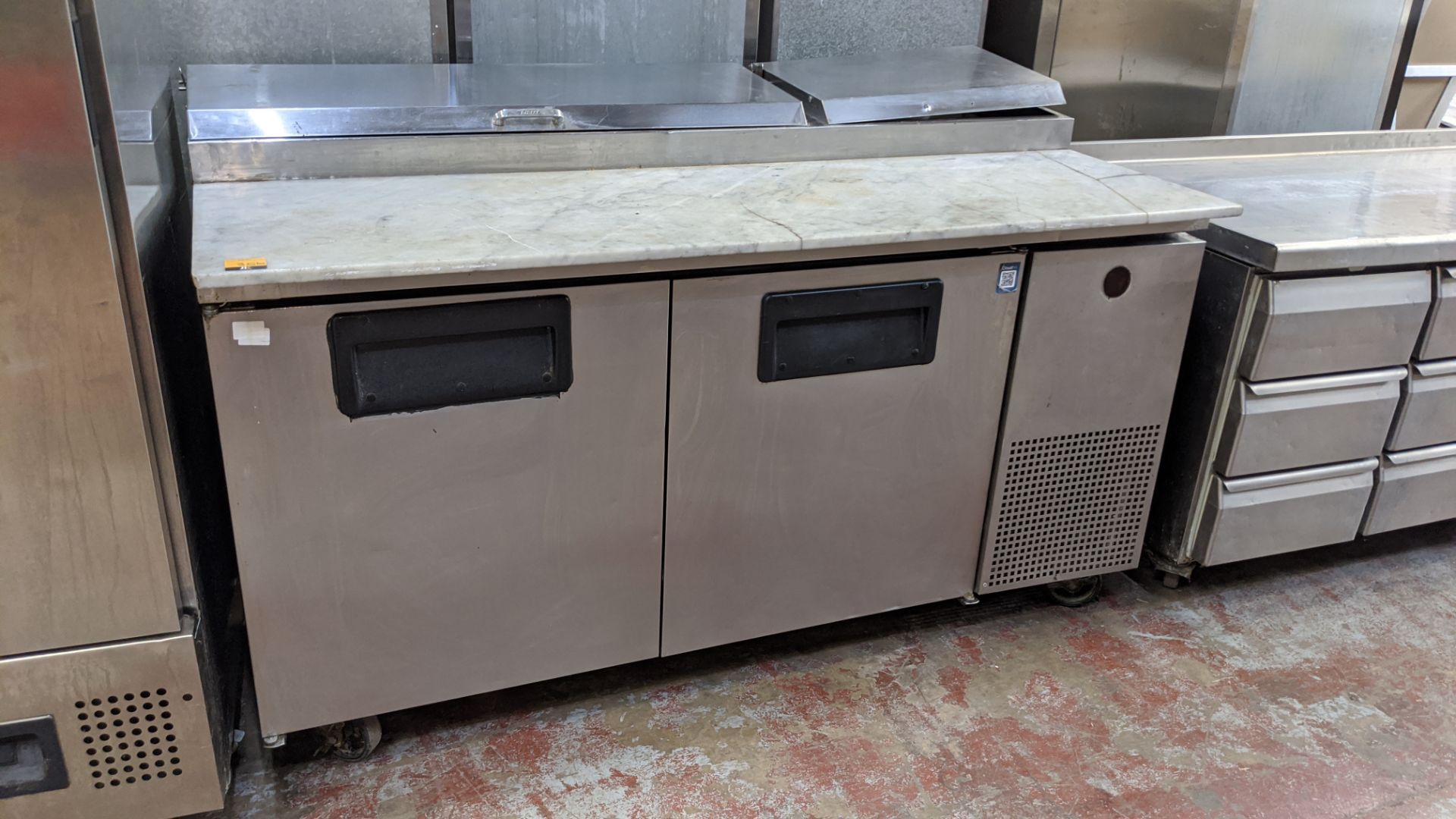 True Refrigeration TPP-67 large twin door stainless steel mobile commercial prep unit with marble ty - Image 2 of 6