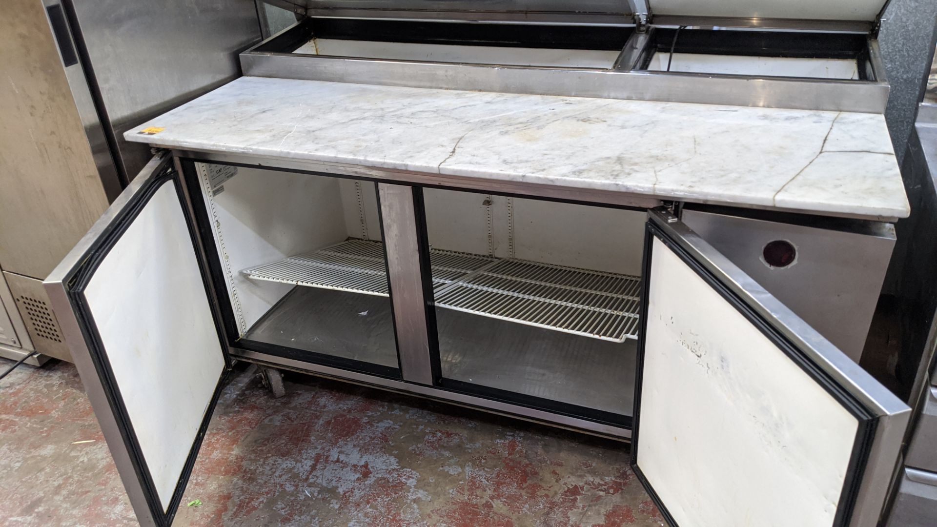 True Refrigeration TPP-67 large twin door stainless steel mobile commercial prep unit with marble ty - Image 6 of 6