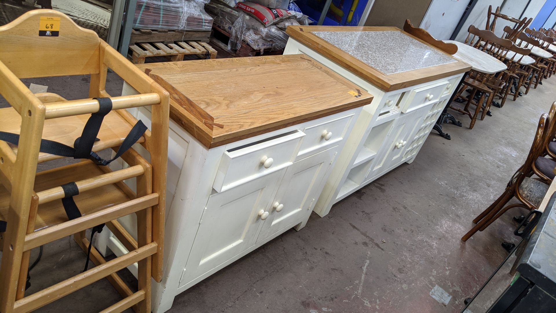 Pair of matching cupboards/sideboards in cream/white paint with wooden top, one of the units having - Image 2 of 7