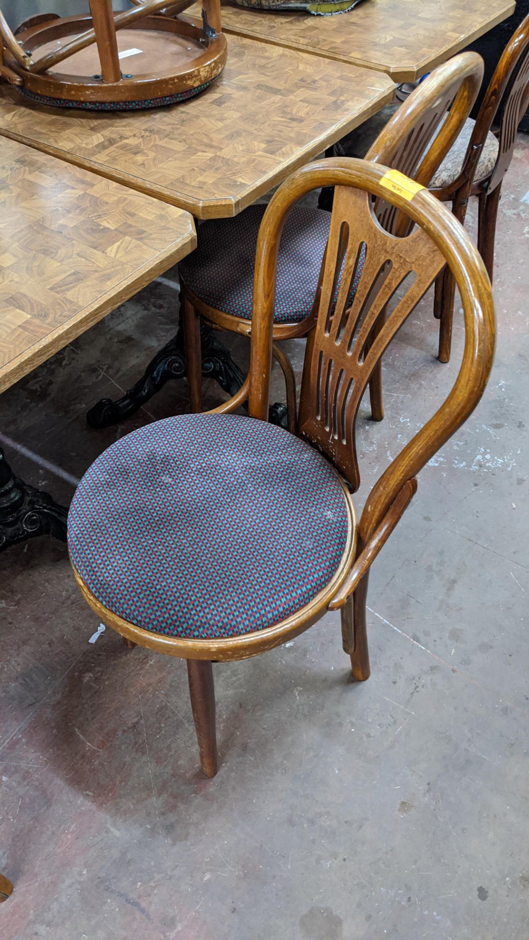 6 off wooden dining/café chairs with several different upholstered bases NB. The basic chair frames - Image 2 of 4