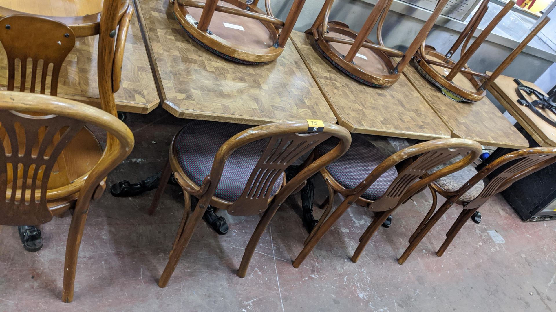 6 off wooden dining/café chairs with several different upholstered bases NB. The basic chair frames