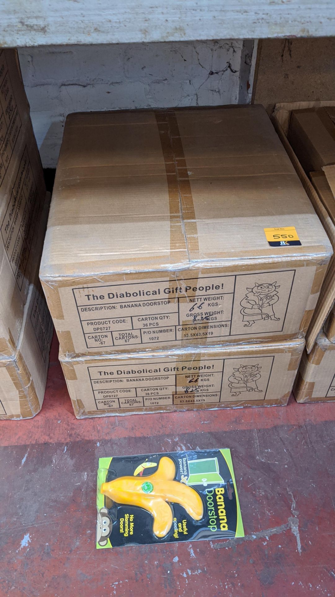 72 off banana doorstops - this lot consists of 2 cartons, each containing 36 individually packeted