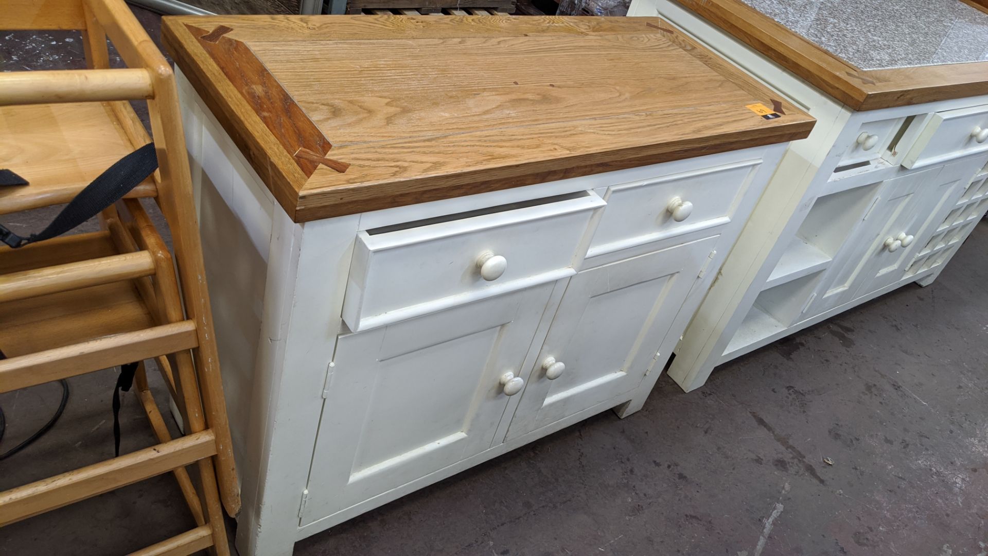 Pair of matching cupboards/sideboards in cream/white paint with wooden top, one of the units having - Image 3 of 7