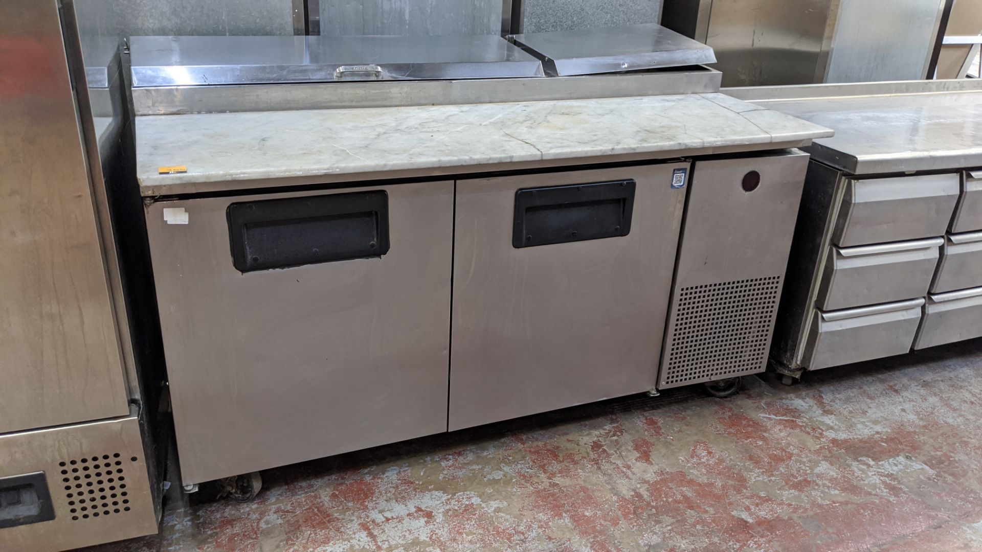 True Refrigeration TPP-67 large twin door stainless steel mobile commercial prep unit with marble ty