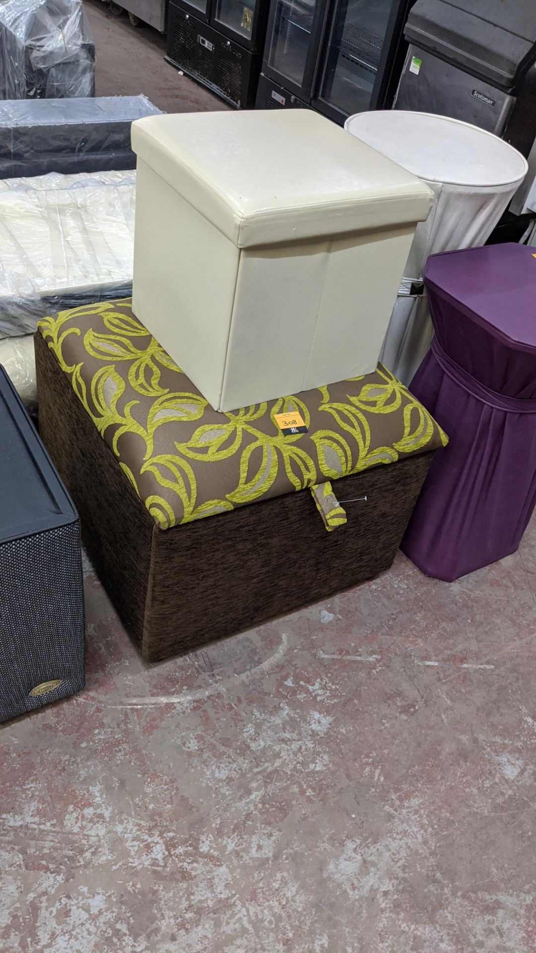 2 off assorted patterned stools, one in flower fabric & one in plain leather/leather-look fabric. T